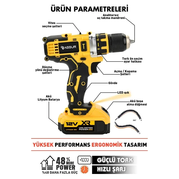 Assur Profesyonel 12v Çift Akülü 12 Köşe 360° Lazer Hizalama & Akülü Vidalama Set - Görsel 2