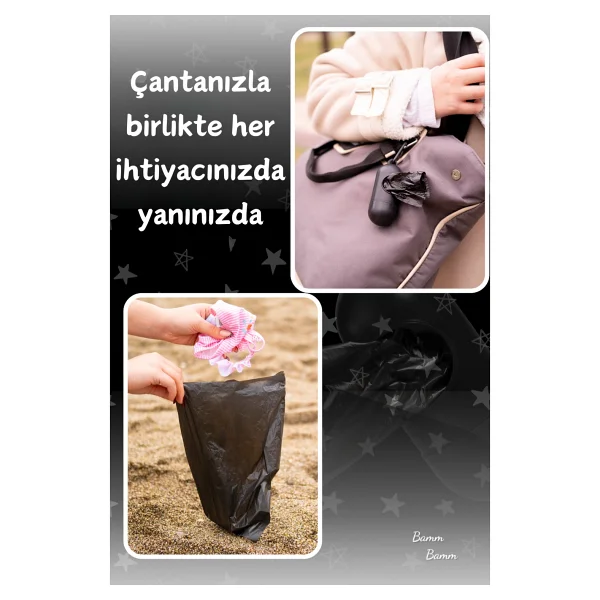 Bamm Bamm Kirli Bebek Bezi Çöp Poşeti Çanta Boy Taşıma Çantası Siyah Ve 2 Rulo (30 Poşet) - Görsel 6