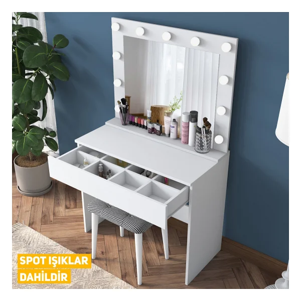 Rani Bj121 Hollywood Işıklı Aynalı Kulis Makyaj Masası Takı Düzenleyici + Tabure Takım Beyaz - Görsel 7