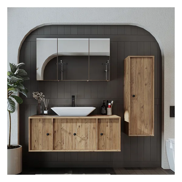 Roomart Lavabolu Mat Mdf 120 Cm Çekmeceli Banyo Dolabı + Aynalı Üst Dolabı + Boy Dolabı Atlantik Çam - Görsel 7