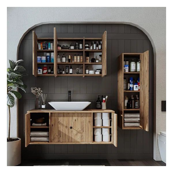Roomart Lavabolu Mat Mdf 120 Cm Çekmeceli Banyo Dolabı + Aynalı Üst Dolabı + Boy Dolabı Atlantik Çam - Görsel 3