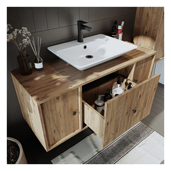 Roomart Lavabolu Mat Mdf 120 Cm Çekmeceli Banyo Dolabı + Aynalı Üst Dolabı + Boy Dolabı Atlantik Çam - Görsel 4