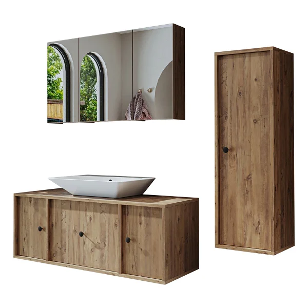 Roomart Lavabolu Mat Mdf 120 Cm Çekmeceli Banyo Dolabı + Aynalı Üst Dolabı + Boy Dolabı Atlantik Çam - Görsel 5