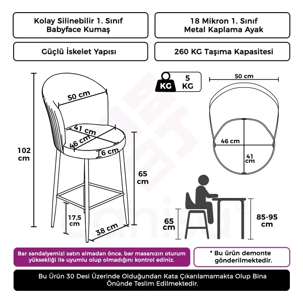 Canisa Alte Serisi 4 Adet Babyface Kumaş 65 Cm Krom Kaplama Ayaklı Bar Sandalyesi - Lacivert - Görsel 5