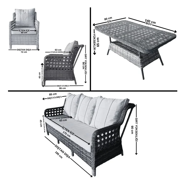 Monalin Home Garden I Elite 7 Kişilik Oturma Takımı (Kahverengi) I Rattan El Örgüsü Bahçe Mobilyası - Kahverengi - Krem - Görsel 3