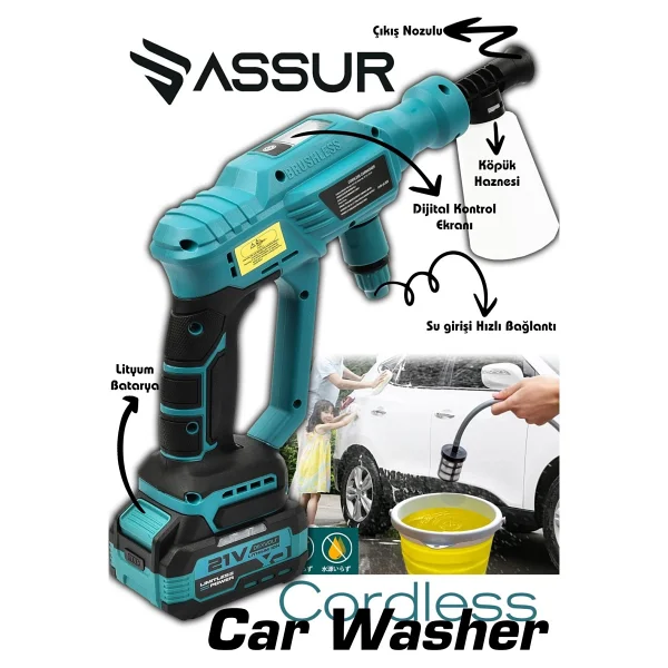 Assur 21v Yüksek Basınçlı Kömürsüz Motor Akülü Oto Araba Yıkama Makinesi Şarjlı - Görsel 4