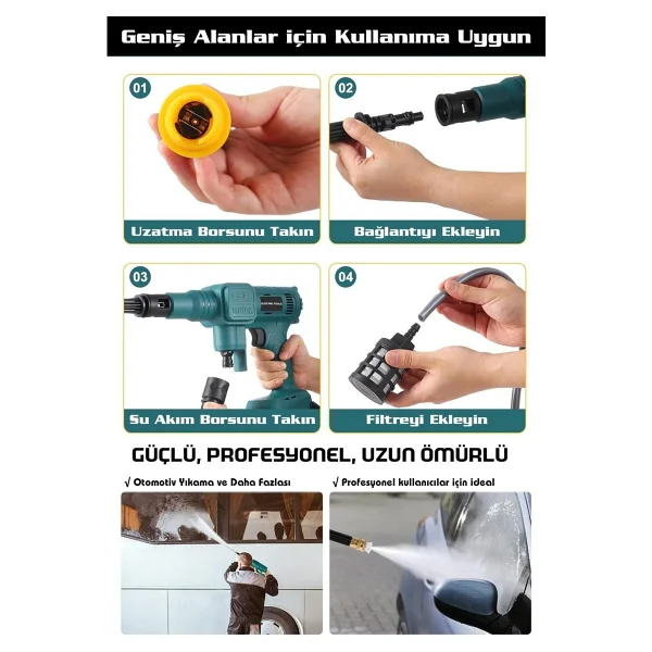 Assur 21v Yüksek Basınçlı Kömürsüz Motor Akülü Oto Araba Yıkama Makinesi Şarjlı - Görsel 6