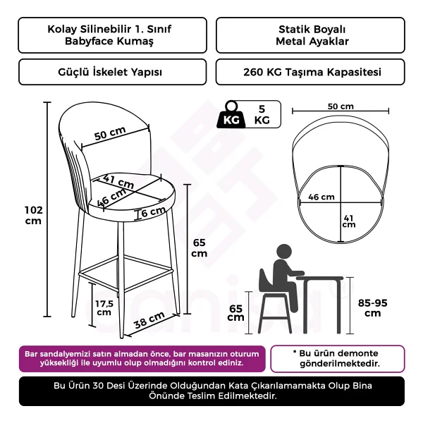 Canisa Concept Alte Serisi Mutfak Bar Sandalyesi Babyface Kumaş Siyah Metal Ayak 1 Adet Sandalye - Ayaklar Siyah - Görsel 2