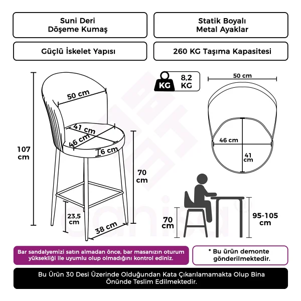 Canisa Concept Uras Serisi 4 Adet Deri Bar Sandalyesi Deri Ada Mutfak Sandalyesi Beyaz Metal Ayaklı - Gri - Görsel 4