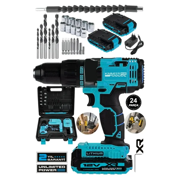 Jetta Power Tools Kimmer Plus 12v 2ah Metal Şanzıman Çift Akülü Bakır Sargı 24 Parça Şarjlı Akülü Vidalama Matkap - Görsel 2