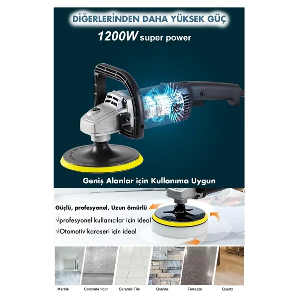 Assur 1200w Polisaj Makinesi Devir Ayarlı 6 Kademeli 180mm Pasta Cila - Görsel 3