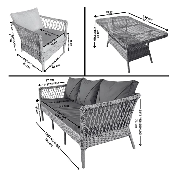 Monalin Home Garden I Loft 5 Kişilik Oturma Takımı (Kahverengi) I Rattan El Örgüsü Bahçe Mobilyası - Kahverengi - Krem - Görsel 3