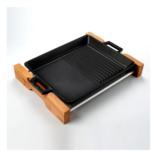 Lava Hibrit Ahşap Standlı Yekpare Çift Kulplu Dikdörtgen 26x32 Cm Döküm Izgara Tava - Görsel 2