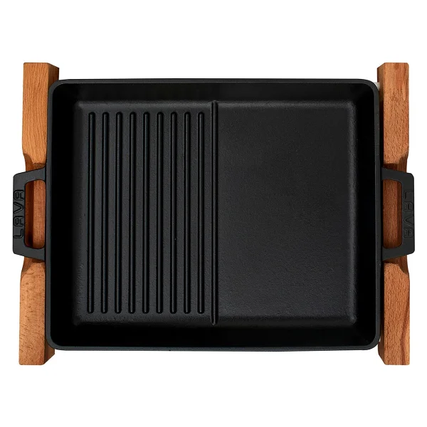 Lava Hibrit Ahşap Standlı Yekpare Çift Kulplu Dikdörtgen 26x32 Cm Döküm Izgara Tava - Görsel 3