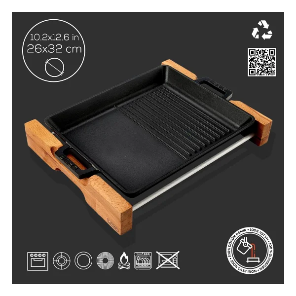 Lava Hibrit Ahşap Standlı Yekpare Çift Kulplu Dikdörtgen 26x32 Cm Döküm Izgara Tava - Görsel 4