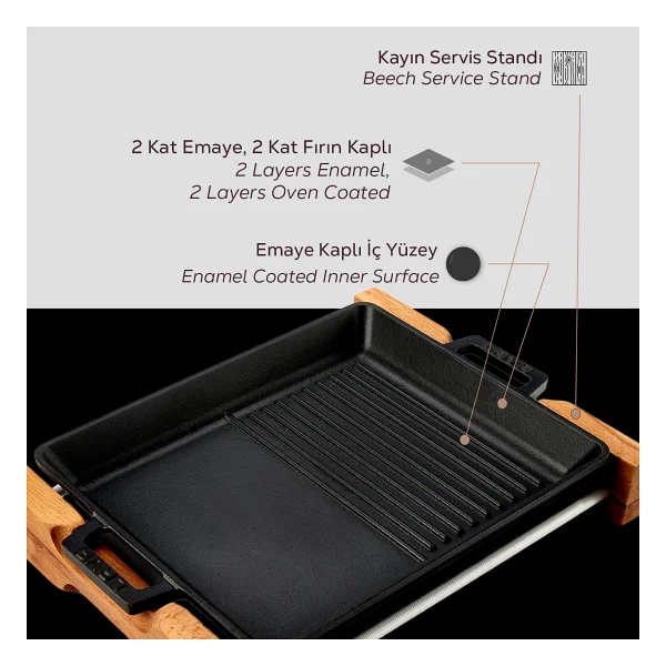 Lava Hibrit Ahşap Standlı Yekpare Çift Kulplu Dikdörtgen 26x32 Cm Döküm Izgara Tava - Görsel 6