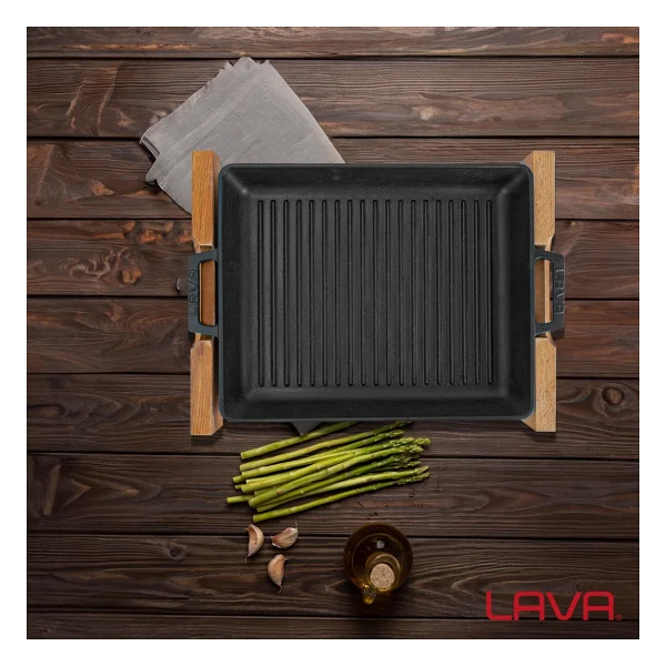 Lava Hibrit Ahşap Standlı Yekpare Çift Kulplu Dikdörtgen 26x32 Cm Döküm Izgara Tava - Görsel 7