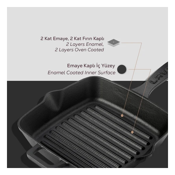 Lava Kare Yekpare Saplı Siyah 20x20 Cm Döküm Izgara Tava - Görsel 6
