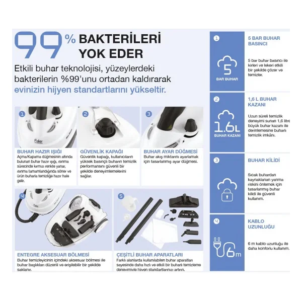 Fakır Özel Cam Temizleme Aparatı İle Buharlı Temizleyici - Beyaz - Görsel 5