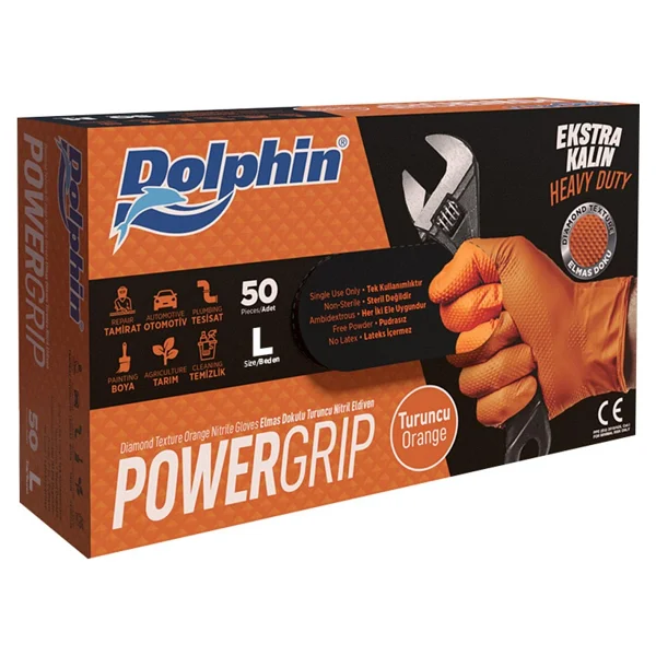 Dolphin Nitril Powergrip Ekstra Kalın Elmas Dokulu Eldiven Turuncu Large Büyük Boy - 50'li 3 Paket - Görsel 2