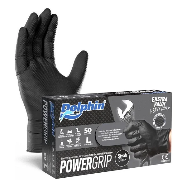 Dolphin Nitril Powergrip Ekstra Kalın Elmas Dokulu Eldiven Siyah Large Büyük Boy - 50'li Paket - Görsel 2