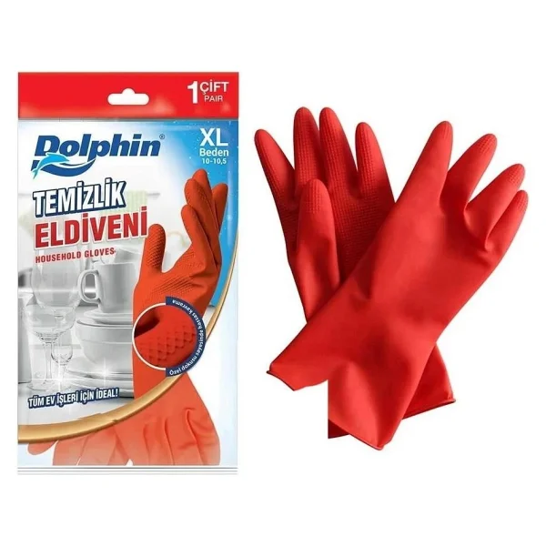 Dolphin Lateks Temizlik Ve Bulaşık Eldiveni Kırmızı (XL) 5 Çift - Görsel 2
