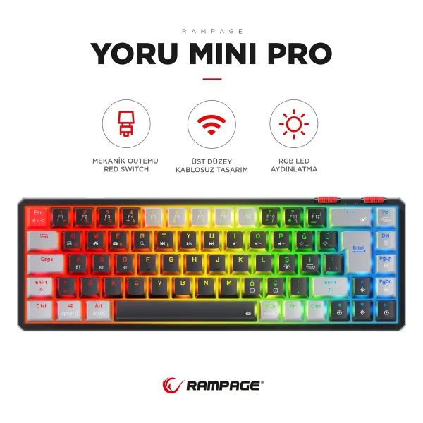 Rampage Yoru Mini Pro RGB Tkl Red Switch Kablolu/Kablosuz Mekanik Oyuncu Klavyesi - Görsel 9