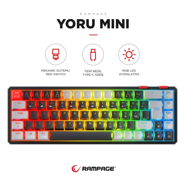 Rampage Yoru Mini Siyah-Gri RGB Tkl Red Switch Kablolu Mekanik Oyuncu Klavyesi - Görsel 7