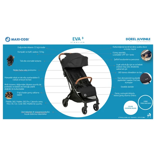 Maxi-Cosi Eva Essential Black Champagne Otomatik Katlanan Kompakt Bebek Arabası - Görsel 4
