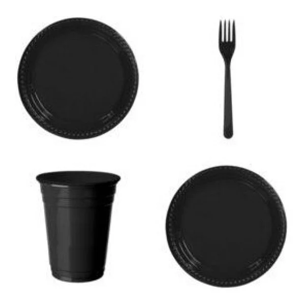 Siyah Plastik Bardak Çatal Tabak 25'li - Görsel 2