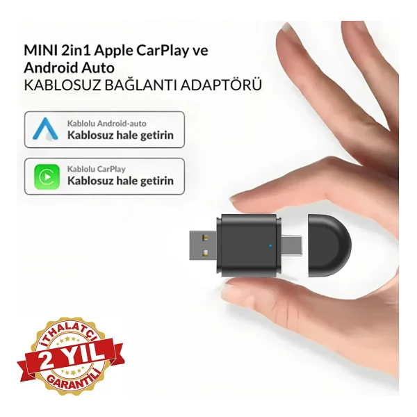 Radoon Yeni Tasarım Mini Kablosuz İos Android Uyumlu Carplay USB Ve Type-C 2in1 Araç Multimedya Adaptörü - Görsel 2
