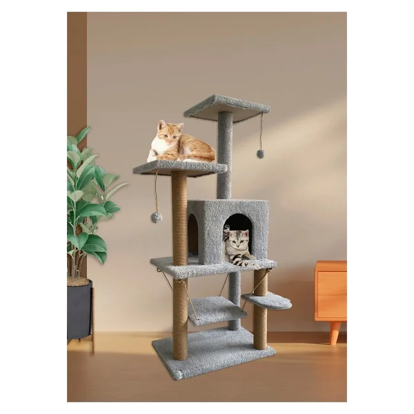 Nursoft Y-01 Gri Salıncaklı Yuvalı Lüx Kedi Tırmalama Oyun Evi - Görsel 8