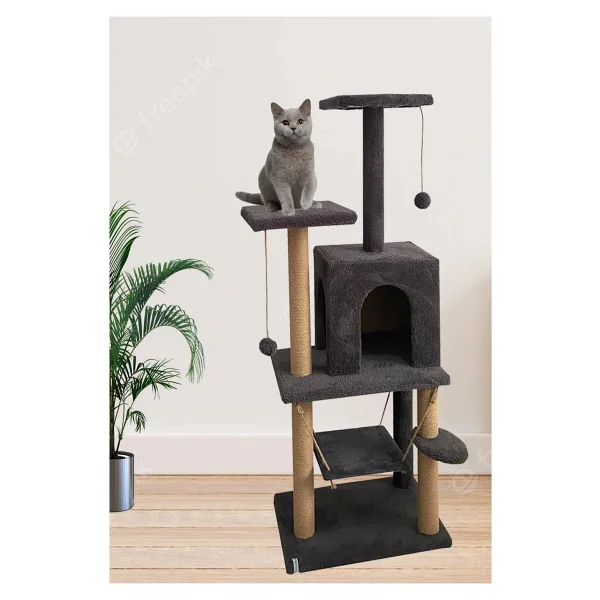 Nursoft Y-01 Gri Salıncaklı Yuvalı Lüx Kedi Tırmalama Oyun Evi - Görsel 10