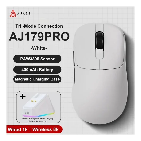 Ajazz Aj179 Pro Beyaz Şarjlı Optik Kablolu/Kablosuz Oyuncu Mouse - Görsel 3