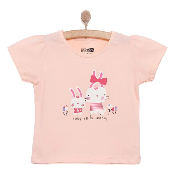 Hellobaby Basic Kız Tavşan Baskılı T-Shirt Kız Bebek - Somon - 2 Yaş - Görsel 4