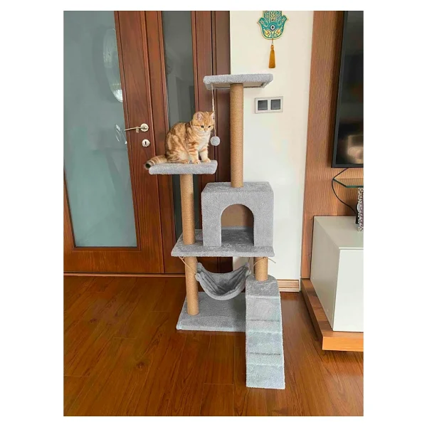 Nursoft B-07 Hamaklı Yuvalı Lüx Kedi Tırmalama Ve Oyun Evi - Gri - Görsel 5