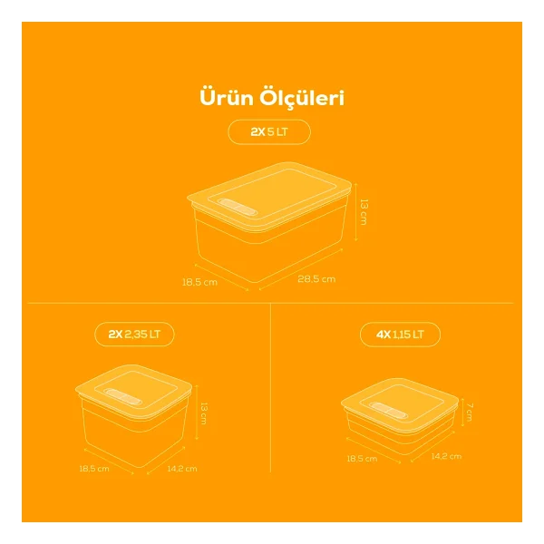 Vienev 8'li Hava Kanallı Ayarlanabilir Sebze ve Meyve Saklama Kabı 4x(1,15 lt) 2x(2,35-5 lt) Turuncu - Görsel 2