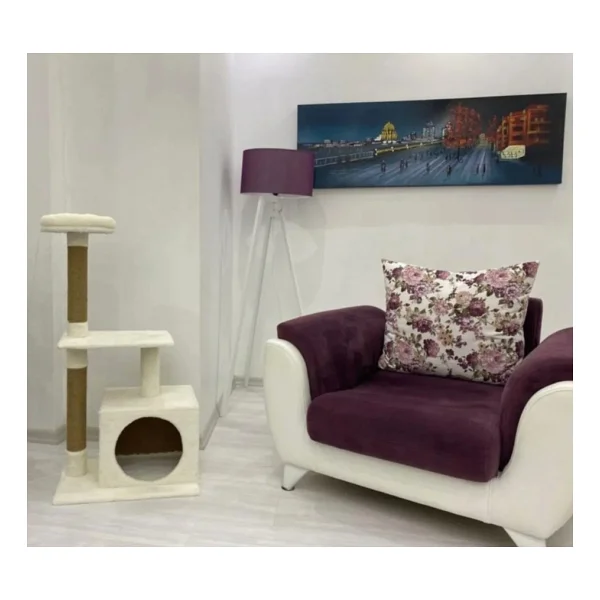 Nursoft Beyaz Kedi Tırmalama Ve Oyun Evi Platformu - Görsel 2