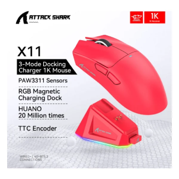 Attack Shark X11 Kırmızı Şarjlı Makrolu Ergonomik Optik Kablolu/Kablosuz Oyuncu Mouse - Görsel 3