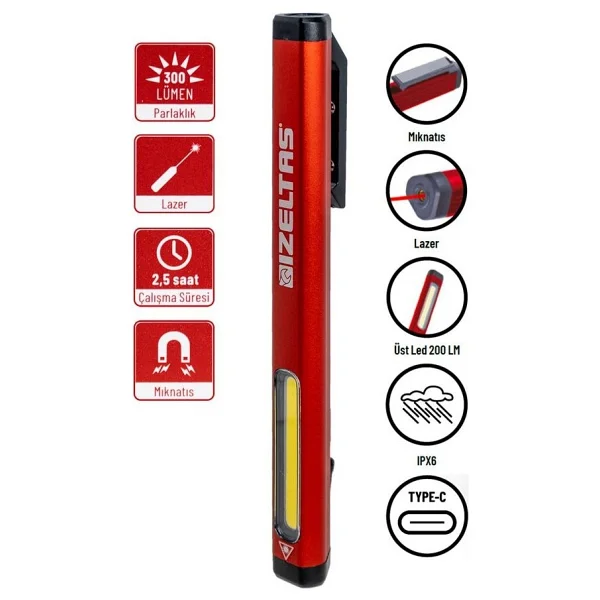 İzeltaş İzeltaş COB LED Şarjlı Lazer Pointer Kalem Tipi Fener 300 lm - Görsel 9
