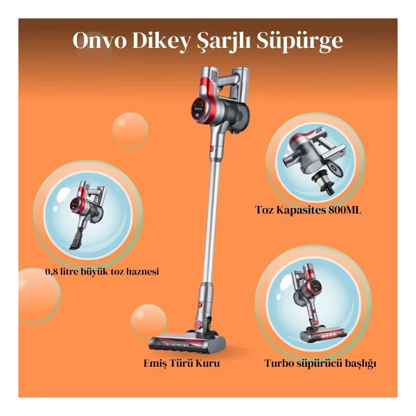 Onvo Şarjlı Aydınlatmalı Dikey Süpürge - Beyaz - Görsel 6