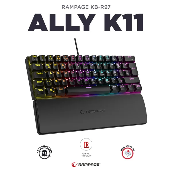 Rampage Ally K11 Siyah Tkl Red Switch Kablolu Mekanik Oyuncu Klavyesi - Görsel 7