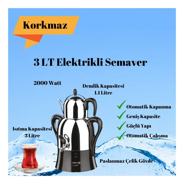 Korkmaz Çaykolik 3 Lt Elektrikli Semaver - Siyah - Görsel 2