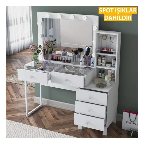 Rani Bj151 Hollywood Işıklı Aynalı Kulis Makyaj Masası Cam Tablalı 5 Çekmeceli Takı Düzenleyici Beyaz - Görsel 7