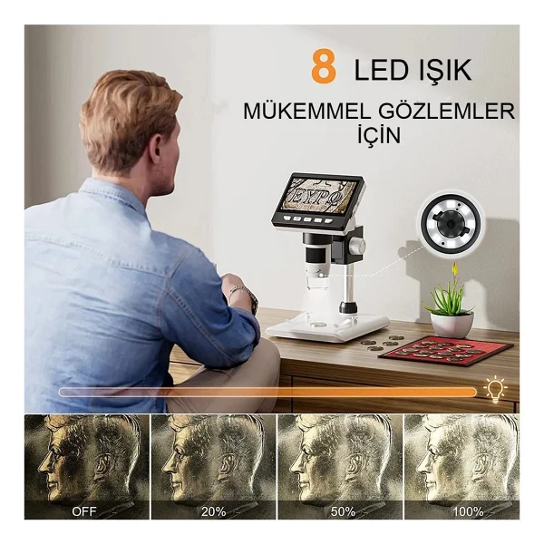 Dijital Mikroskop 1080p Lcd Ekran USB HD Mikroskop 50x-1000x Büyütme LED Işıklı Kamera Şarjlı - Görsel 5