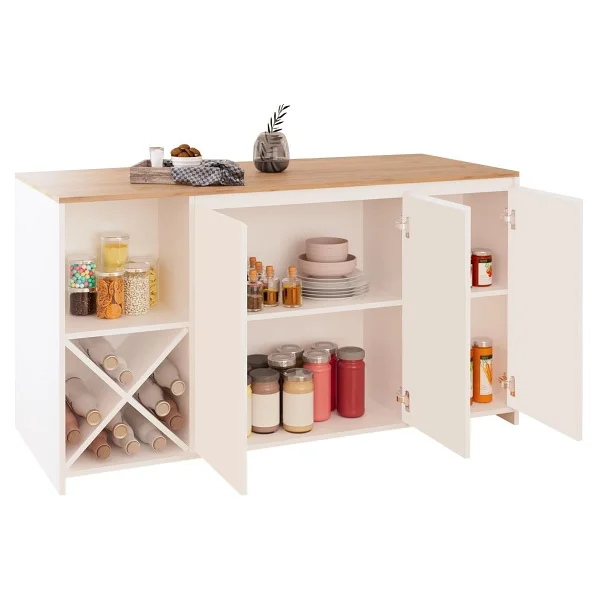Bimossa Gustav L4710 Mutfak Adası 160 Cm - Beyaz Ahşap Üst, Şaraplık, Bar Masası Çok Amaçlı Depolamalı Dolap - Meşe - Beyaz - 160x92x68 - Görsel 5