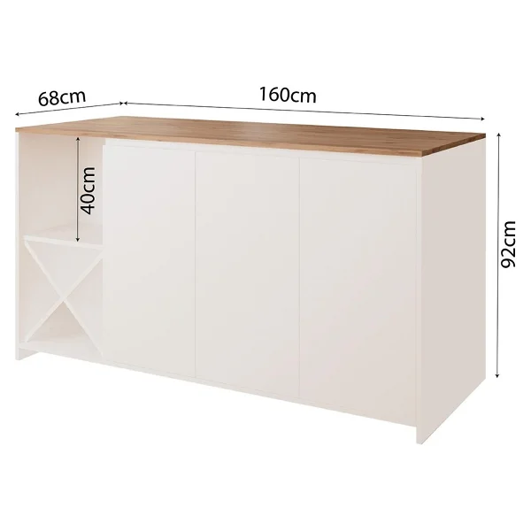 Bimossa Gustav L4710 Mutfak Adası 160 Cm - Beyaz Ahşap Üst, Şaraplık, Bar Masası Çok Amaçlı Depolamalı Dolap - Meşe - Beyaz - 160x92x68 - Görsel 6