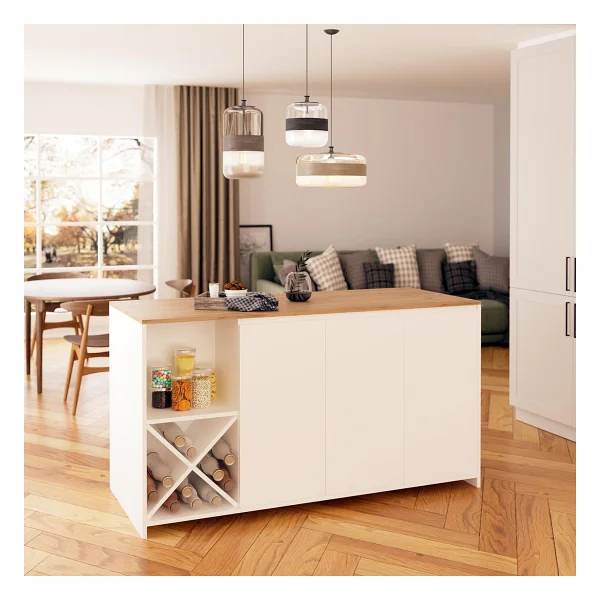 Bimossa Gustav L4710 Mutfak Adası 160 Cm - Beyaz Ahşap Üst, Şaraplık, Bar Masası Çok Amaçlı Depolamalı Dolap - Meşe - Beyaz - 160x92x68 - Görsel 7