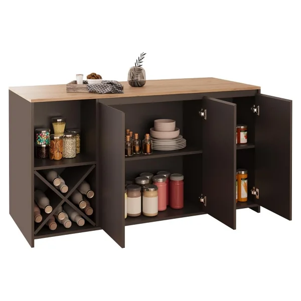 Bimossa Gustav L4720 Mutfak Adası 160 Cm - Antrasit Ahşap Üst Bar Masası, Çok Amaçlı, Depolamalı Açık Raflı Dolap - Antrasit - Ceviz - 160x92x68 - Görsel 5