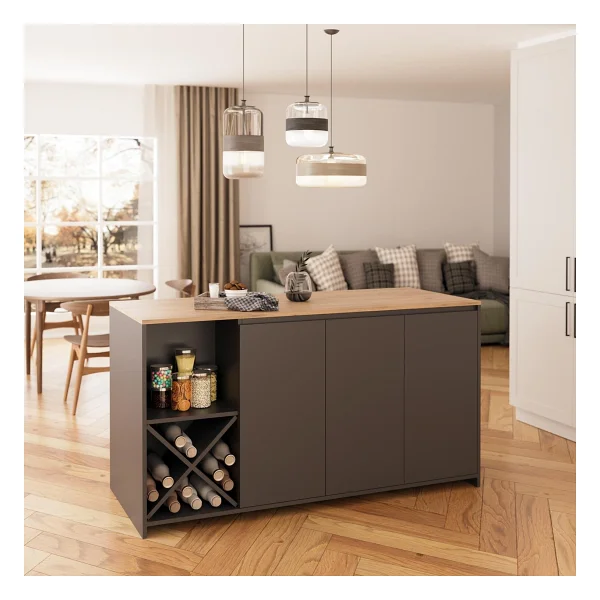 Bimossa Gustav L4720 Mutfak Adası 160 Cm - Antrasit Ahşap Üst Bar Masası, Çok Amaçlı, Depolamalı Açık Raflı Dolap - Antrasit - Ceviz - 160x92x68 - Görsel 7